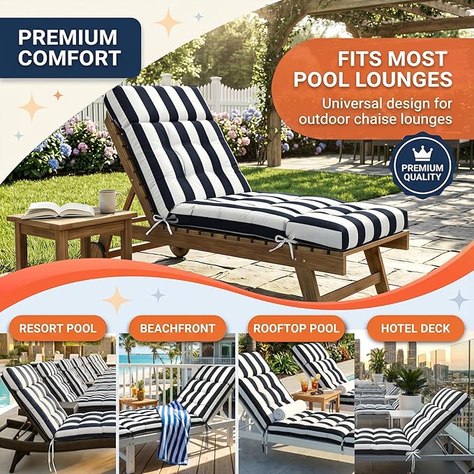 MAGIC ELEPHANT Chaise Lounge Cushion Outdoor, Memory Foam Patio Lounge Chair Cushion with Ties for Indoor Outdoor Furniture, Water-Repellent Replacement Long Chair Cushion (Black Stripe)