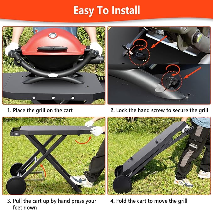 Upgraded Portable Grill Cart for Weber Q1200, Q1000, Q2200, Q2000, Q2400, Foldable Cart for Weber Q Series Gas Grills, Outdoor BBQ Stand with Propane Tank Holder for Travel and Camping