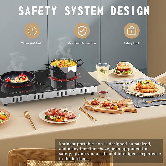 Karinear 2 Burners Electric Cooktop 110v, Portable Electric Stove top 24 Inch Electric Countertop Burner, Radiant Ceramic Cooktop, Sensor Touch, Timer, Safety Lock
