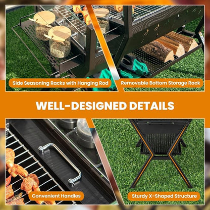Giantex Charcoal Grill with Transparent Glass Wind Guard, Heavy Duty BBQ Grill Campfire Pit, Fire Bowl, Side Spice Racks, Bottom Storage Shelf, for Outdoor Cooking Backyard Barbecue Party