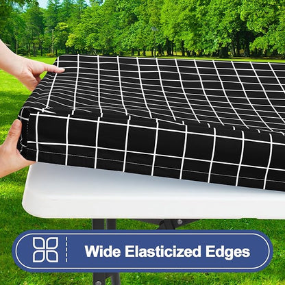 Smiry Picnic Table Cover with Bench Covers, Waterproof Elastic Fitted Tablecloth for 6 Foot Tables, Washable Polyester Tablecloths for Camping, Indoor & Outdoor (Black & White, 30x72 Inch 3-pc Set)