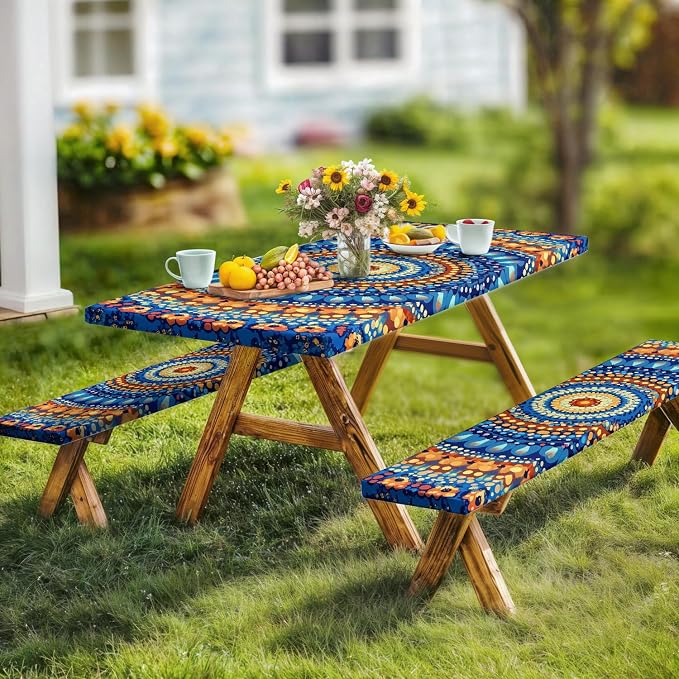 Picnic Table Cover with Bench Covers and Bag, Camping Essentials, Waterproof Windproof Camping Tablecloth, Fitted Tablecloth Cover with Elastic Edge for Indoor Outdoor 3 PCS 30x72 Inch