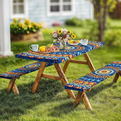 Picnic Table Cover with Bench Covers and Bag, Camping Essentials, Waterproof Windproof Camping Tablecloth, Fitted Tablecloth Cover with Elastic Edge for Indoor Outdoor 3 PCS 30x72 Inch