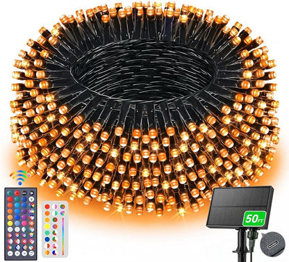 LitHome 34 Colors Solar String Lights Outdoor with Remote, 50 FT 150 LED | Solar & USB Powered Halloween String Lights, Waterproof Color Changing Christmas Light for Xmas Tree Light Party Decor