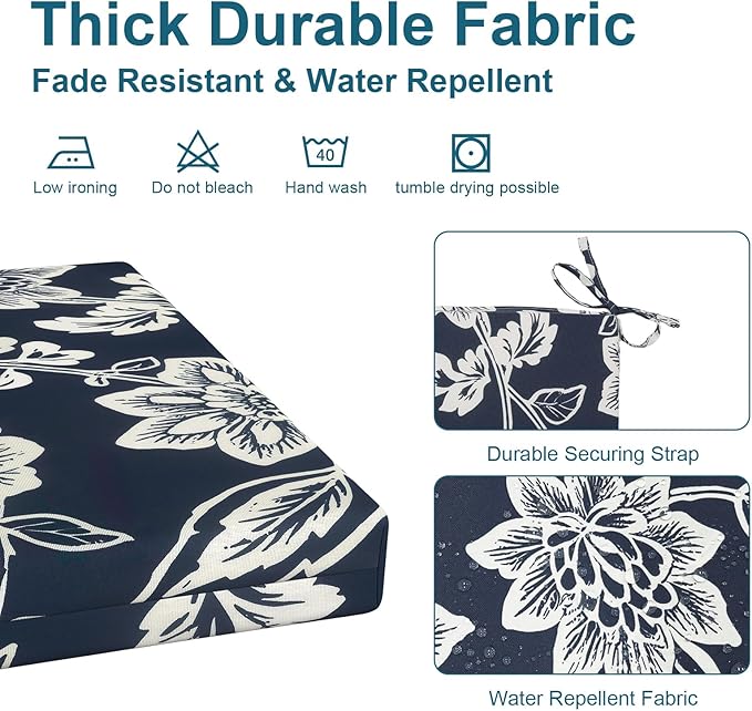 DYTXIII Set of 4 Outdoor Chair Cushions, Water Resistant 18.5"x16"x2" Square Seat Cushion for Patio Dining Chairs, High-Density Replacement Pads for Indoor Outdoor Furniture - Vines Navy