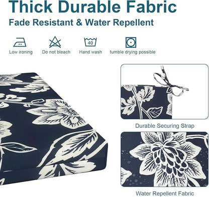 DYTXIII Set of 2 Outdoor Chair Cushions, Water Resistant 18.5"x16"x2" Square Seat Cushion for Patio Dining Chairs, High-Density Replacement Pads for Indoor Outdoor Furniture - Vines Navy