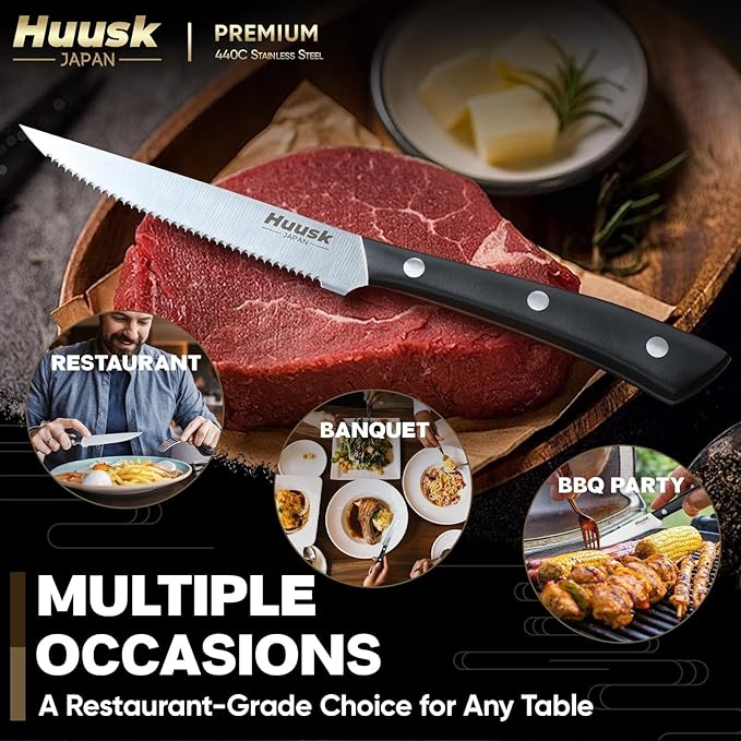 Huusk Steak Knives Set of 6, Sharp Serrated Steak Knives with Full Tang Handle, Japanese Stainless Steel Stake Knife Set for Dinner Kitchen Table, Birthday Gifts Box for Men Women