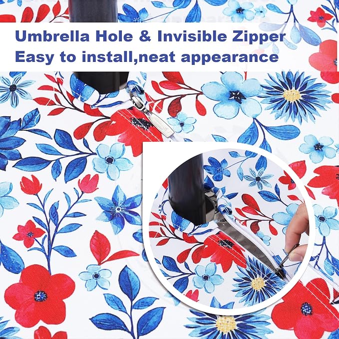 SquarePie 4th of July Outdoor Tablecloth with Umbrella Hole Round - 60 Inch Waterproof Zipper Patriotic Red Blue Flowers Table Cover for Spring Summer Garden Party Picnic