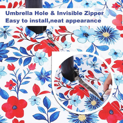 SquarePie 4th of July Outdoor Tablecloth with Umbrella Hole Round - 60 Inch Waterproof Zipper Patriotic Red Blue Flowers Table Cover for Spring Summer Garden Party Picnic