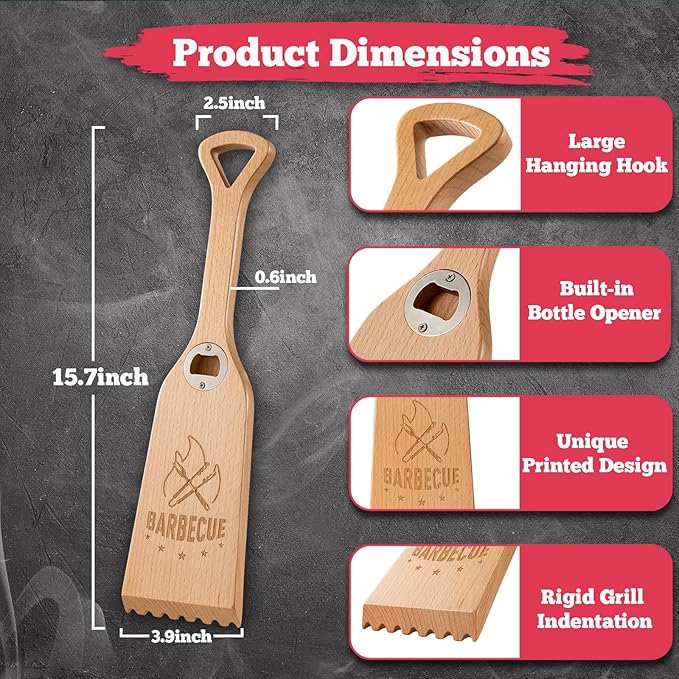 Wood Grill Scraper with Bottle Opener, 15.75" Heavy-Duty Wooden Grill Scraper for Outdoor Grill - One-Piece Solid Beech Wood, Bristle-Free - Natural Wood Grill Grate Brush Cleaner for BBQ
