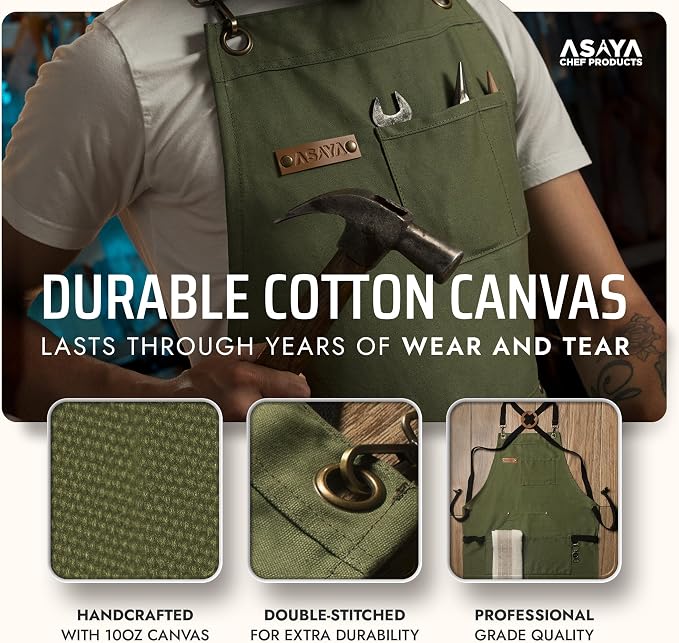 Asaya Chef and BBQ Apron with Bottle Opener and Hand Towel - 10oz Cotton Canvas, Stainless Steel Hardware - Cross Back Straps