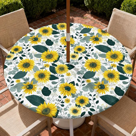 Outdoor Tablecloth with Umbrella Hole and Zipper Fits 37-44" Tables | Waterproof Round Fitted Tablecloth with Elastic Edge, Wipeable Outdoor Table Cover for Patio, Garden, Picnic