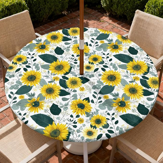 Outdoor Tablecloth with Umbrella Hole and Zipper Fits 45-48" Tables | Waterproof Round Fitted Tablecloth with Elastic Edge, Wipeable Outdoor Table Cover for Patio, Garden, Picnic