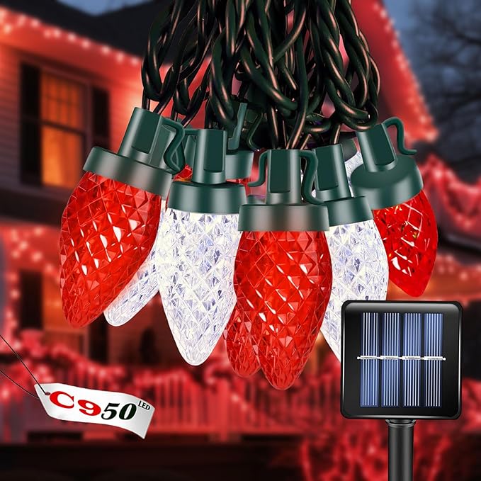 C9 Red White Strawberry Solar String Lights, 31FT 50 LED Ultra Bright Fairy Lights, 8 Modes IP65 Waterproof Green Wire for Outdoor Christmas Wedding Valentine Garden Decor