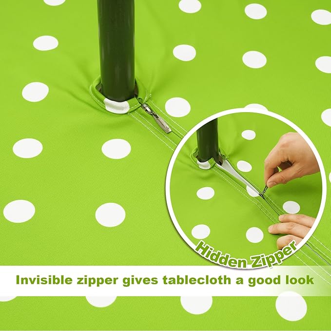 SquarePie 60'' Round Outdoor Tablecloth with Umbrella Hole Waterproof Zippered Table Cloth for Picnic Patio BBQs Backyard, Green Polka Dot
