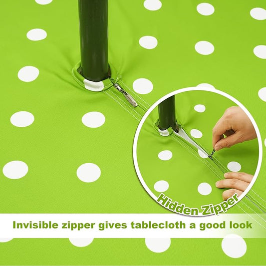 SquarePie 60'' Round Outdoor Tablecloth with Umbrella Hole Waterproof Zippered Table Cloth for Picnic Patio BBQs Backyard, Green Polka Dot
