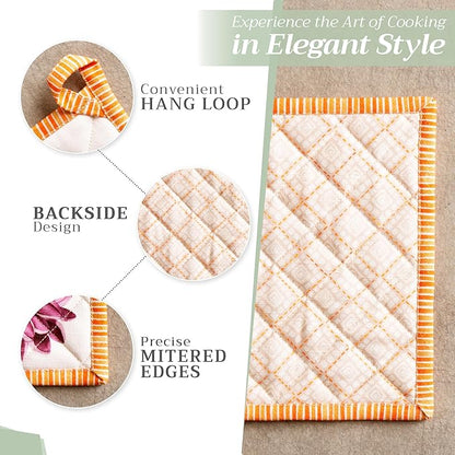 Maison d' Hermine 100% Cotton Oven Mitt & Pot Holder Set (7.5"x13" & 8"x8") Heat Resistant BBQ Cooking Gloves with Loop for Christmas Decorations Handling Hot Pans (Pumpkin Garden - Cloudy Cream)