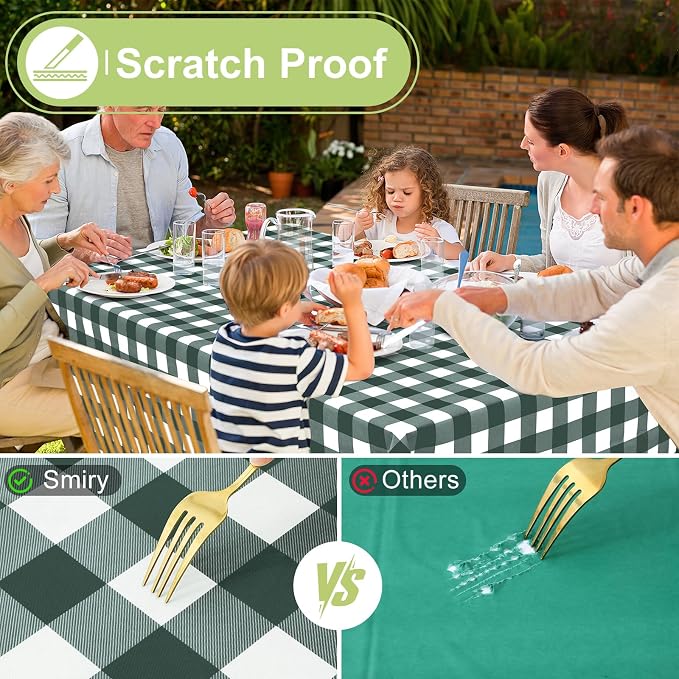Smiry Picnic Table Cloth, Vinyl Tablecloths with Flannel Backing, 60"x84" | Waterproof Rectangle Table Cloth, Wipeable Buffalo Plaid Table Cover for Indoor and Outdoor (Hunter Green & White)