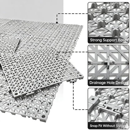 RITOLLO Modular Interlocking Cushion Drainage Floor Tiles, 16-Pack 11.8"x11.8" PVC Raised Non-Slip Interlocking Mats with Drain Holes for Deck, Pool, Garage, Shower, Patio, Bathroom, Sauna, Yard -Gray