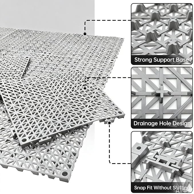 RITOLLO Modular Interlocking Cushion Drainage Floor Tiles, 9-Pack 11.8"x11.8" PVC Raised Non-Slip Interlocking Mats with Drain Holes for Deck, Pool, Garage, Shower, Patio, Bathroom, Sauna, Yard -Gray