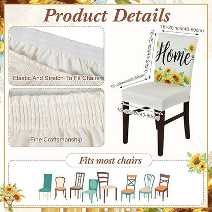 7 Pcs Sunflower Tablecloth and Chair Covers Set 60 x 84 Inch Waterproof Stain Rectangular Table Cover with Stretchable Removable Chair Slipcovers for Dining Room, Patio, Summer Parties