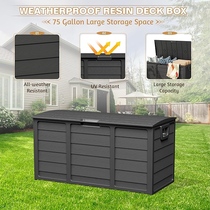 75 Gallon Outdoor Deck Storage Box – Heavy Duty Resin with Lockable Lid,UV Resistant for Patio Furniture, Garden Tools,Black