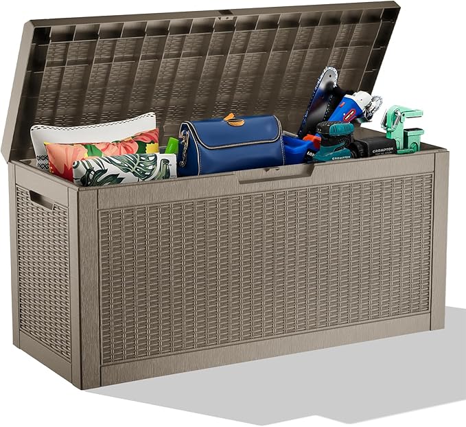 70 Gallon Outdoor Storage Box Waterproof Outside Resin Deck Box, Lockable Storage Bin for Patio Furniture,Garden Tools,Cushions(Grey)