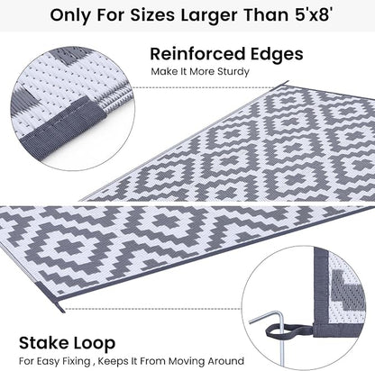Smiry Outdoor Rug 8x10 ft Waterproof Reversible Boho Mat, White & Grey | Polypropylene Plastic Straw, Quick Drying, Lightweight Foldable, for Patio, Deck, RV Camping, Backyard and Indoor Outdoor Use