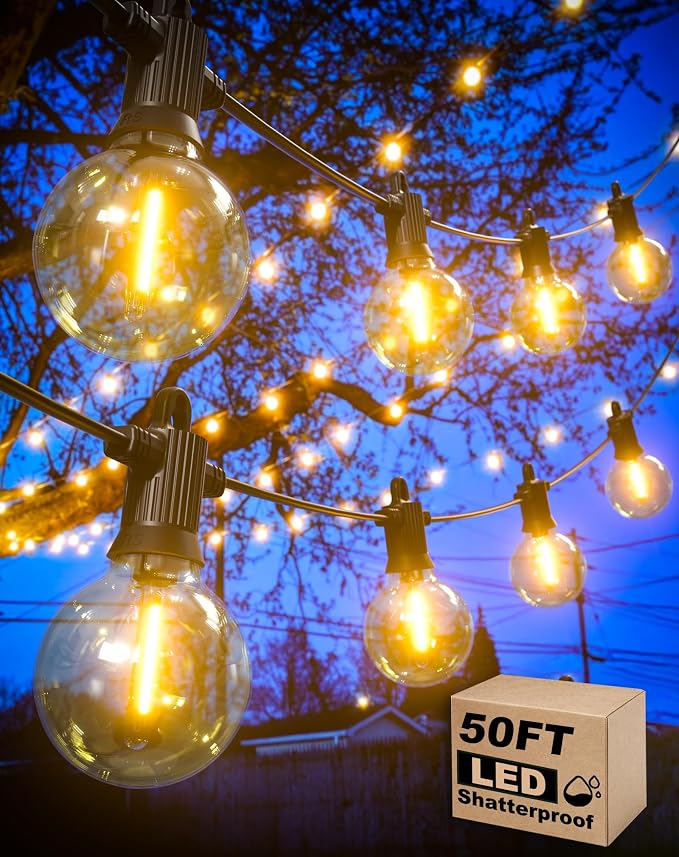Zuske Outdoor String Lights, 50FT Patio Lights with 27 Shatterproof G40 Globe Bulb(2 Spare), Waterproof Connectable Dimmable LED Hanging Lights for Outside Backyard Porch Balcony Gazebo, 2700K