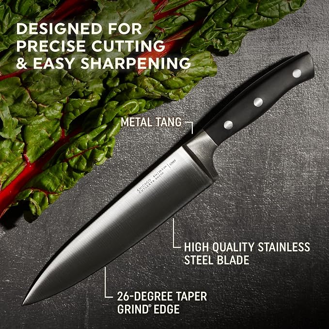 Chicago Cutlery Insignia Triple Rivet Poly (18-PC) Kitchen Knife Block Set With Wooden Block & Built-In Sharpener, Black Ergonomic Handles and Sharp Stainless Steel Professional Chef Knife Set | Black Ergonomic Handles and Sharp Stainless Steel