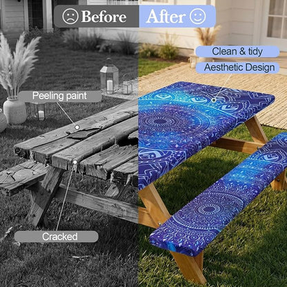Picnic Table Cover Bench Covers Camping Essentials Tablecloth | Waterproof Vinyl for Outdoor, Windproof Elastic Fitted Edges, RV BBQ Accessories Must Haves, Storage Bag Included