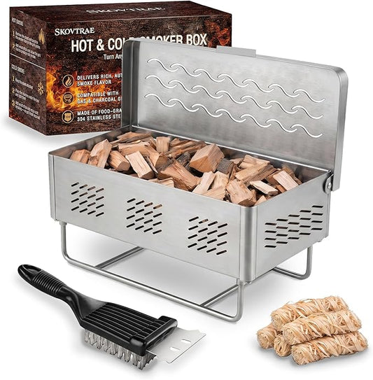 Hot & Cold Smoker Box, 304 Stainless Steel BBQ Grill Smoke Box for Gas or Charcoal Grill with Hinged Lid, Infuse Smoky Barbecue Flavor into Meats, Grilling Gift for Men