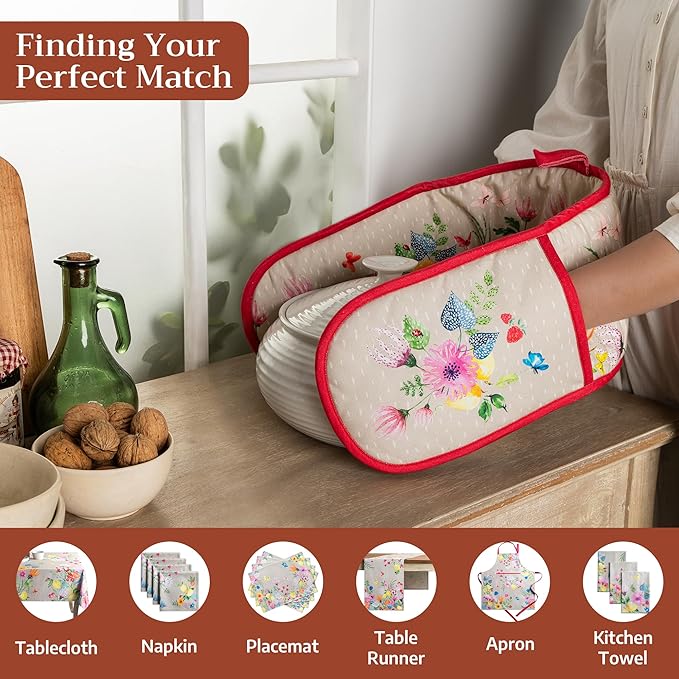 Maison d' Hermine Double Oven Mitts 100% Cotton 7"x35" Double Oven Mitt Heat Resistant BBQ Cooking Gloves with Loop Baking Grilling Kitchen Hotel Home Farmhouse Spring Summer (Jardin D'Ete - Fog)