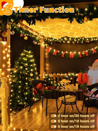 BrightChristmas 300 LED 98 FT Christmas Lights, Waterproof Outdoor String Lights with Remote and Timer, Christmas Tree Lights with 8 Modes Dimmable, Fairy Lights for Holiday Decor (Warm White)