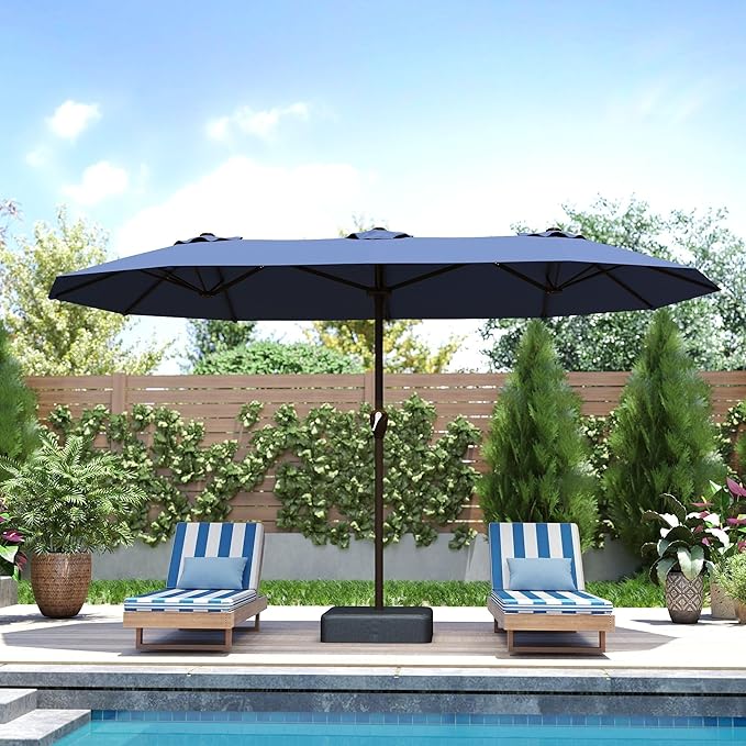 Kingdura 15ft Large Patio Umbrella with Base Included, Double-Sided Rectangle Outdoor Table Umbrella with 12 Reinforced Ribs, Crank Lift for Market Pool Deck Backyard, Navy blue