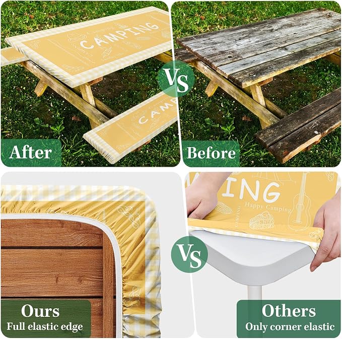 Picnic Table Cover with Bench Covers Elastic Edges, Yellow Camper Fitted Table Cover, Outdoor Patio Camping Essentials 72 Inch 3PCS, Waterproof Camping Fitted Tablecloth with Drawstring Bag