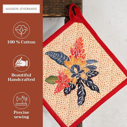 Maison d' Hermine Pot Holders 100% Cotton Potholders (8" x 8", Pack of 1) | Heat Resistant Hot Pads with Loop BBQ Cooking Baking Hotel Kitchen Handling Hot Pans Thanksgiving Christmas - Kalahari