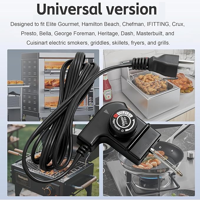 Electric Skillet Cord Replacemen for Masterbuilt,Hamilton Beach,Chefman,Presto,Cuisinart Fondue Pot,15A/125V Adjustable Thermostat Probe Cord,Thermostat Control for Grill/Griddle/Smoker/Fryers