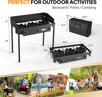 ROVSUN 3 Burner Propane Gas Stove with Carrying Bag, 225,000 BTU Patio Outdoor Camping Burner with Wind Panel & CSA Listed Regulator, Picnic Cooker for Home Patio Cooking Brewing Turkey Frying Canning