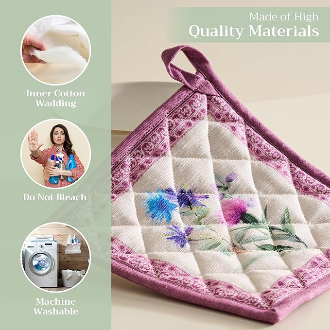 Maison d' Hermine Pot Holders 100% Cotton Heat Resistant Potholders 8" x 8" Hot Pads with Loop BBQ Cooking Baking Hotel Farmhouse Kitchen Handling Hot Pans Spring Summer (Pack of 1, Chardon)