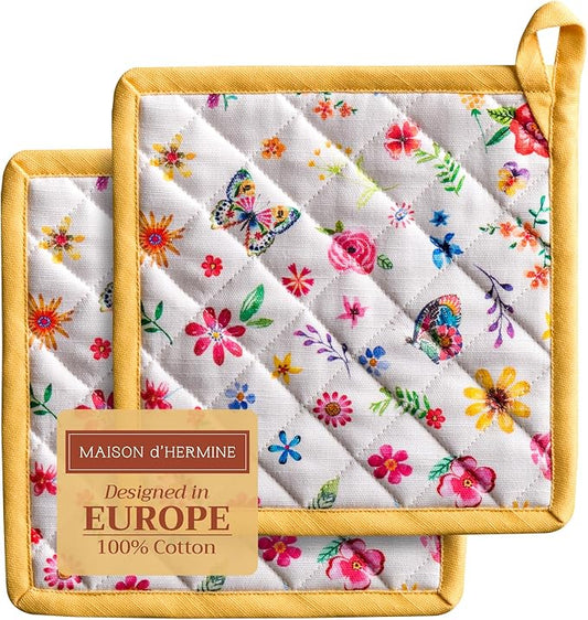 Maison d' Hermine Pot Holders 100% Cotton Heat Resistant Potholders 8" x 8" Hot Pads with Loop Baking Hotel Farmhouse Kitchen Handling Hot Pans Spring Summer (Pack of 2, Happy Florals - Sweety)