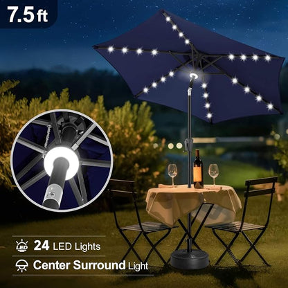 FLAME&SHADE Solar Patio Umbrella with Centre Light, 7.5 FT Navy Blue | UV Protection, Small Solar Outdoor Umbrella for Porch, Deck, Backyard, Garden, Provides Evening Lighting, 24 LED Lights