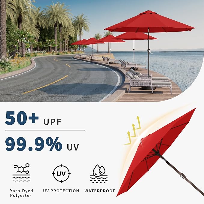 9FT Patio Umbrella with Fiberglass Ribs, Outdoor Market Table Umbrella with Crank and Tilt, UV Resistant Waterproof Canopy for Patio, Garden, Deck, Pool, Red