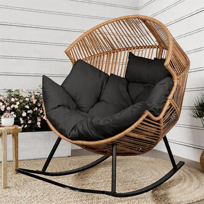 Shintenchi Wicker Egg Chair, Outdoor Indoor Rocking Chair, Large PE Rattan Rocking Chair with Cushion for Patio, Balcony, Backyard, Garden, Deep Grey