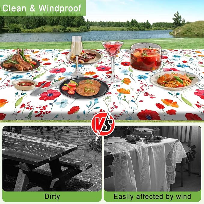 JAWO Picnic Table Cover with Bench Covers, Flowes Boho Floral Camping RV Essentials Gear Supplies Outdoor Waterproof Windproof Tablecloth with Elastic, 96in