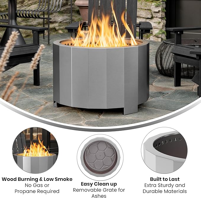 Merrick Lane Aries 27" Smokeless Firepit - Stainless Steel Finish - Wood Burning - Lightweight Portable Design - Waterproof Cover Included - No Assembly Required
