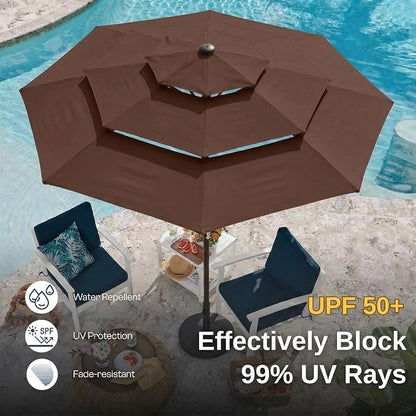 10ft 3 Tier Patio Umbrella, Outdoor Market Table Umbrella with UPF 50+ Vented Canopy, 8 Sturdy Ribs, Easy Push Button Tilt and Crank, Windproof for Deck, Pool, Backyard and Garden