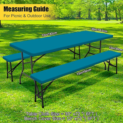 Smiry Picnic Table Cover with Bench Covers, Waterproof Elastic Fitted Polyester Tablecloths for 6 Ft Rectangle Tables, Washable Windproof Tablecloth for Camping, RV & Outdoor (Turquoise, 30x72 Inches)