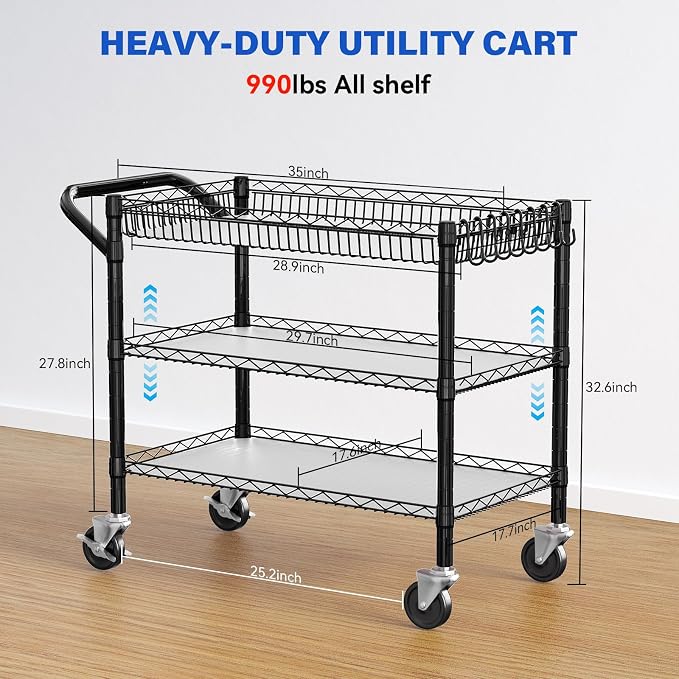 YNN Black Utility Rolling Cart,990Lbs 3 Tier Heavy Duty Metal Cart with Wheels & Handle NSF Wheeled Cart 31" D x 18" W x 33" H for Bedroom, Bathroom, Kitchen,Garden,Decor,Serving