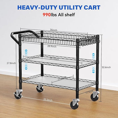 YNN Black Utility Rolling Cart,990Lbs 3 Tier Heavy Duty Metal Cart with Wheels & Handle NSF Wheeled Cart 31" D x 18" W x 33" H for Bedroom, Bathroom, Kitchen,Garden,Decor,Serving